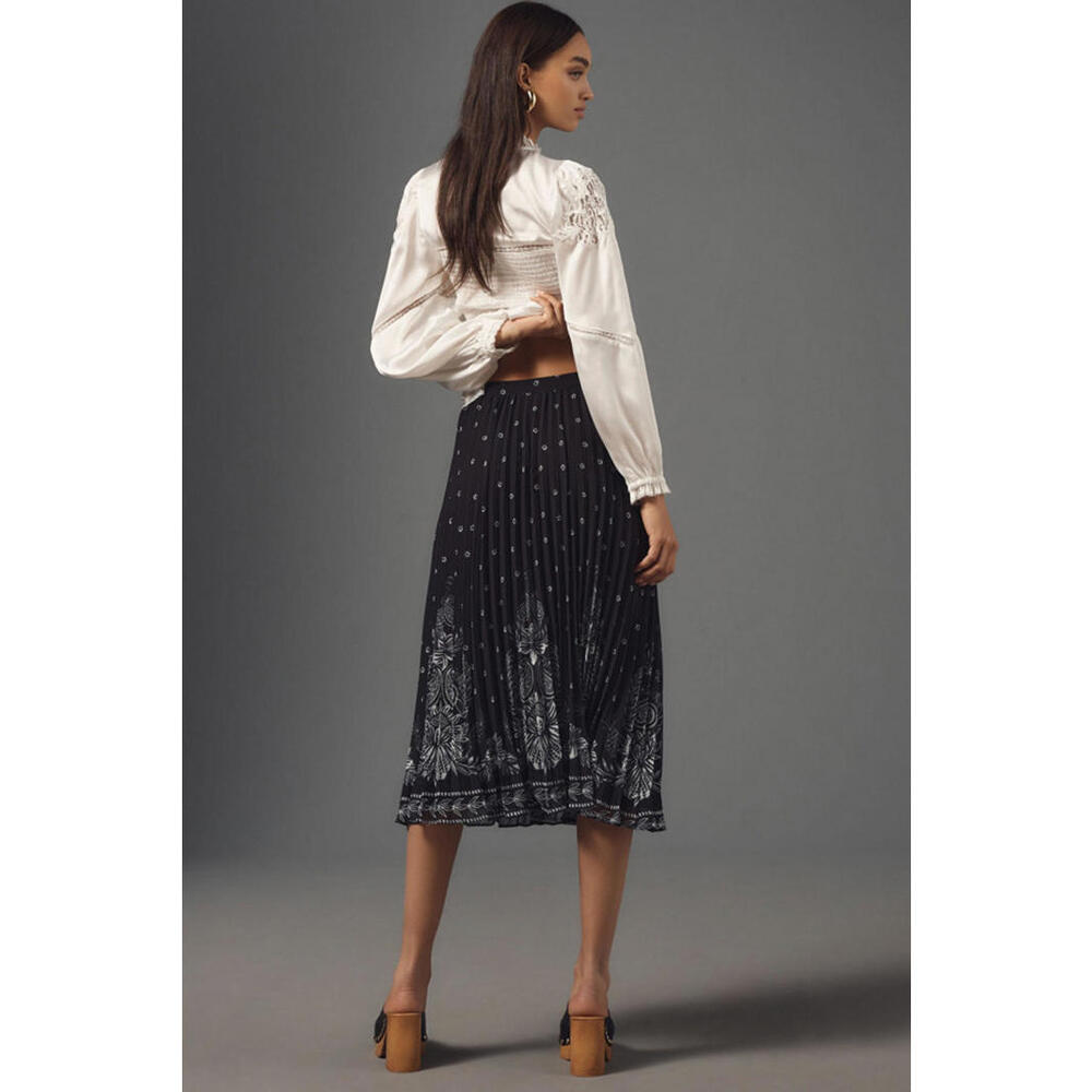 Farm Rio - Black Pleated Midi Skirt with Floral Border Print, Size L - Picture 3 of 7